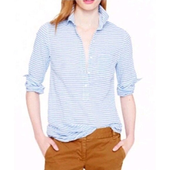 J. CREW RUMPLED STRIPE POPOVER COTTON BUTTON DOWN PULLOVER/TUNIC TOP XSMALL - Picture 2 of 8